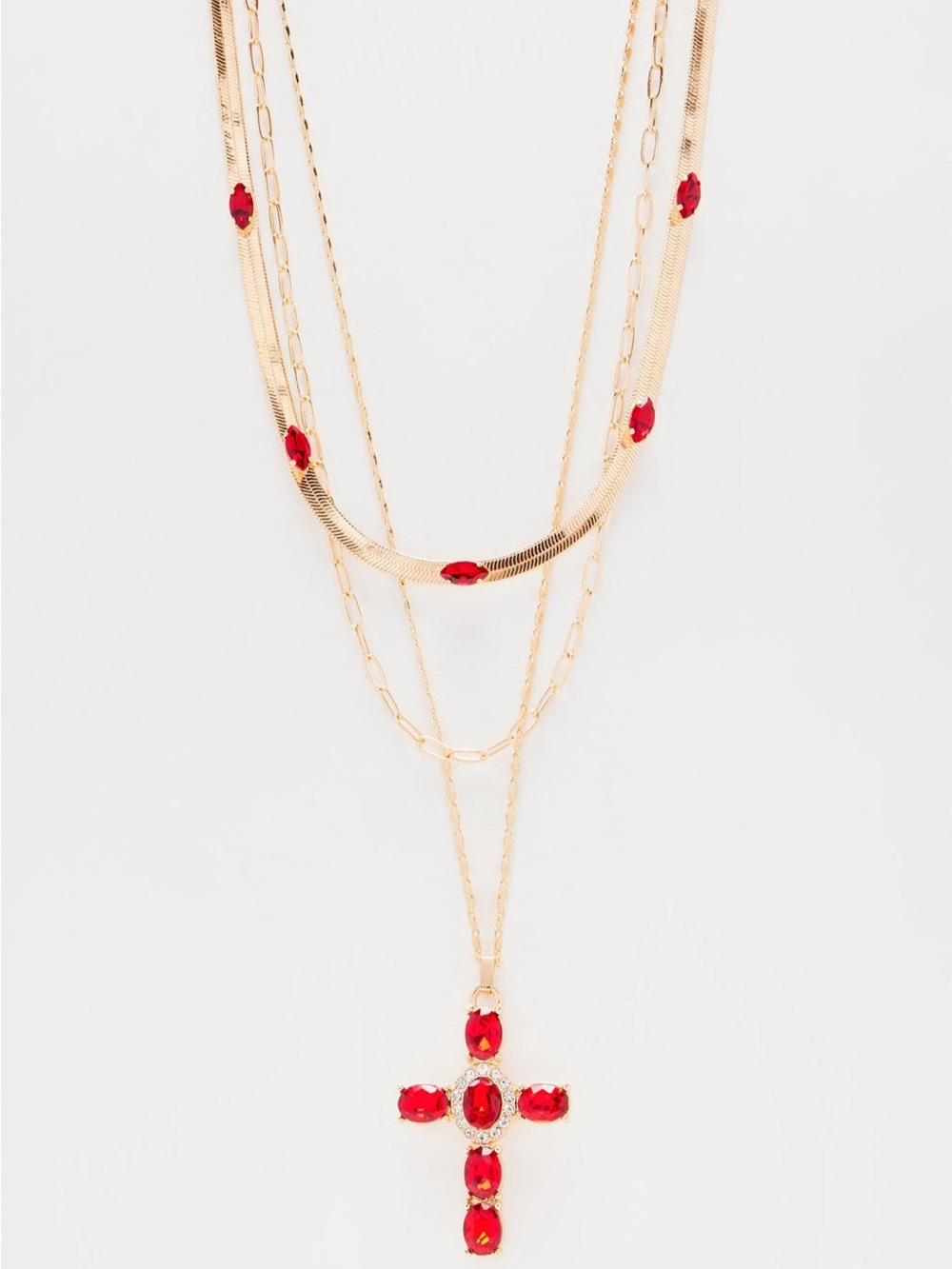 Gold Layered Necklace Set with Red Cross Pendant - Women jewelry